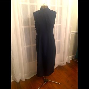 Navy Dress with side slit & knotted buttons